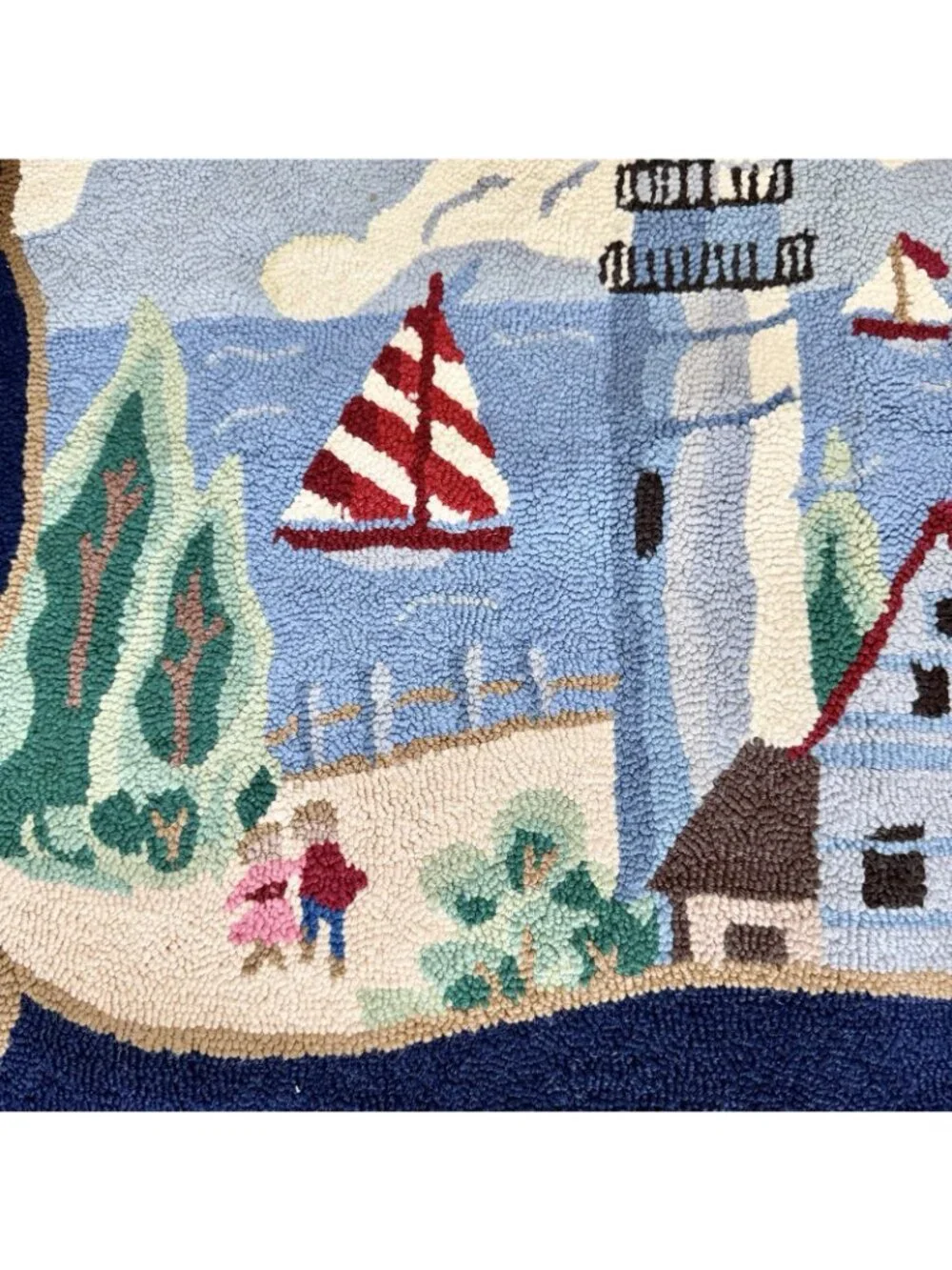 Vintage 100% Wool Hooked Lighthouse Area Rug 24x36 Nautical Coastal Sailboats